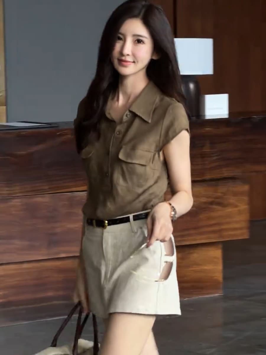 26 봄 여름 새로운 오래된 돈 바람 더블 주머니 익스트림 제인 바람 셔츠 고급 센스 슬림해 보이는 치마바지 벨트 포함 3종 세트 상세 이미지 4