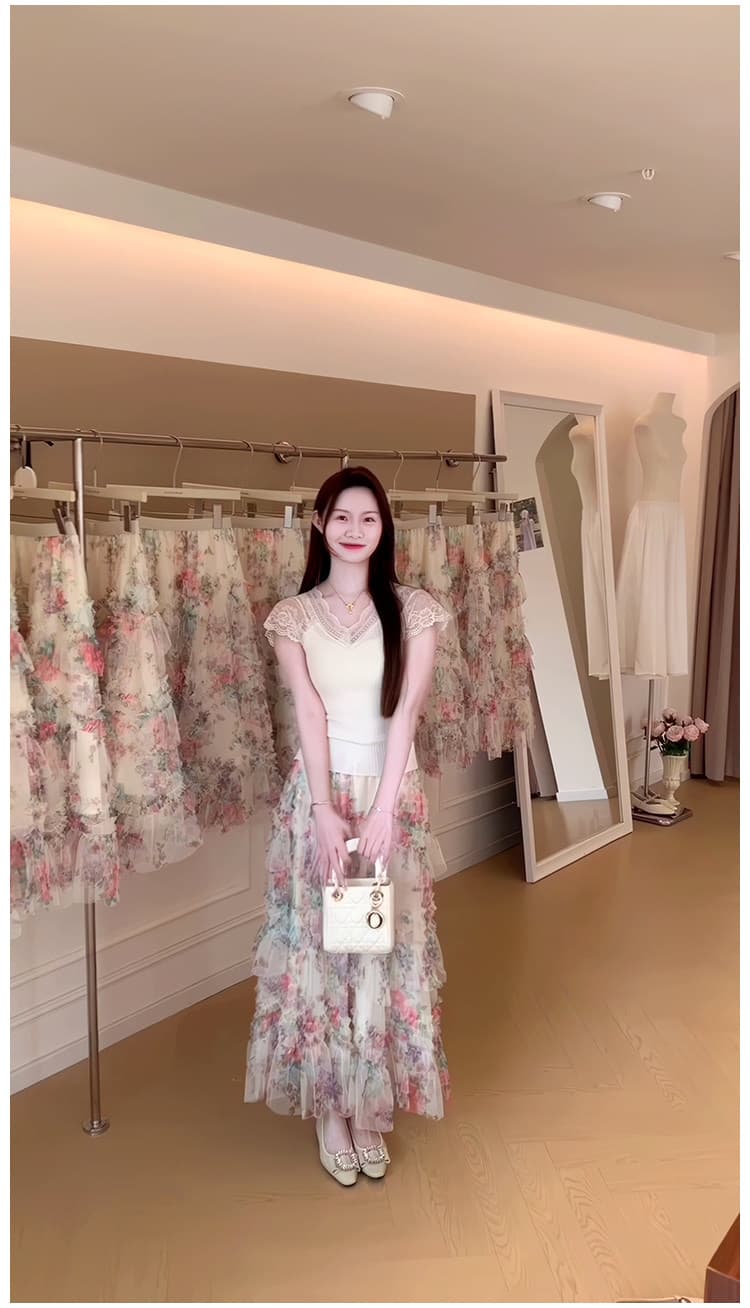 프랑스식 V넥 레이스 조각 니트 스웨터 캐미솔 프린트 요정 가스 쉬폰 반신 치마 세트 상세 이미지 3
