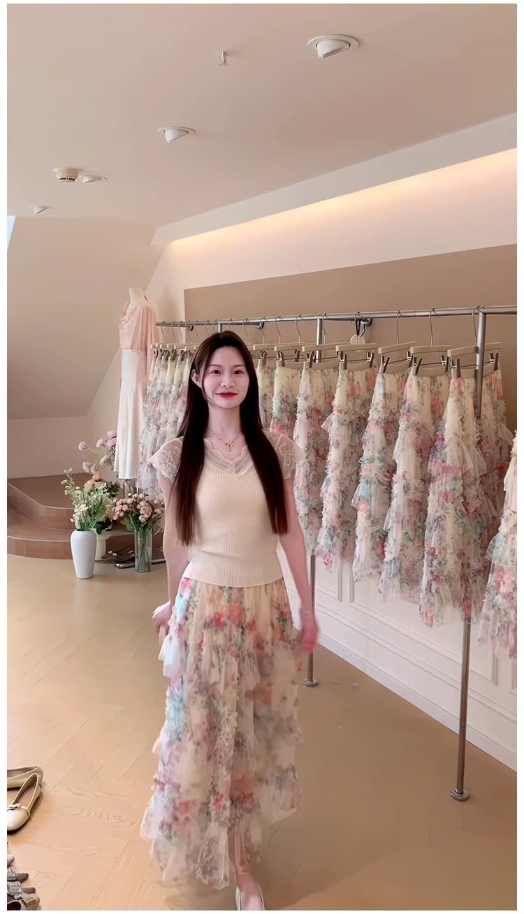 프랑스식 V넥 레이스 조각 니트 스웨터 캐미솔 프린트 요정 가스 쉬폰 반신 치마 세트 상세 이미지 10