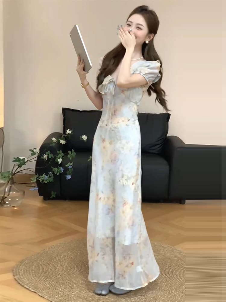 프랑스식 품격 프릴 꽃무늬 여성 드레스 여름 2026 새로운 품격 허리 수축 슬림해 보이는 쉬폰 길다 치마 상세 이미지 10