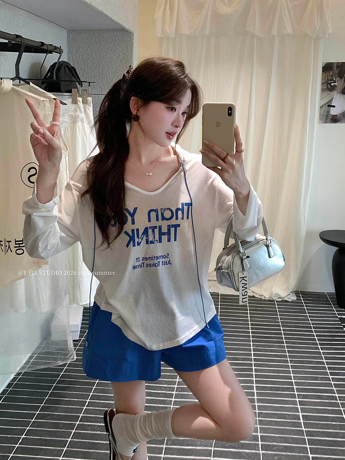 느긋한 바람 루즈핏 얇은 스타일 블라우스 긴팔 티셔츠 허리밴드 한 마디 휴 반바지 투피스 슈트 여성 트렌디 상세 이미지 8