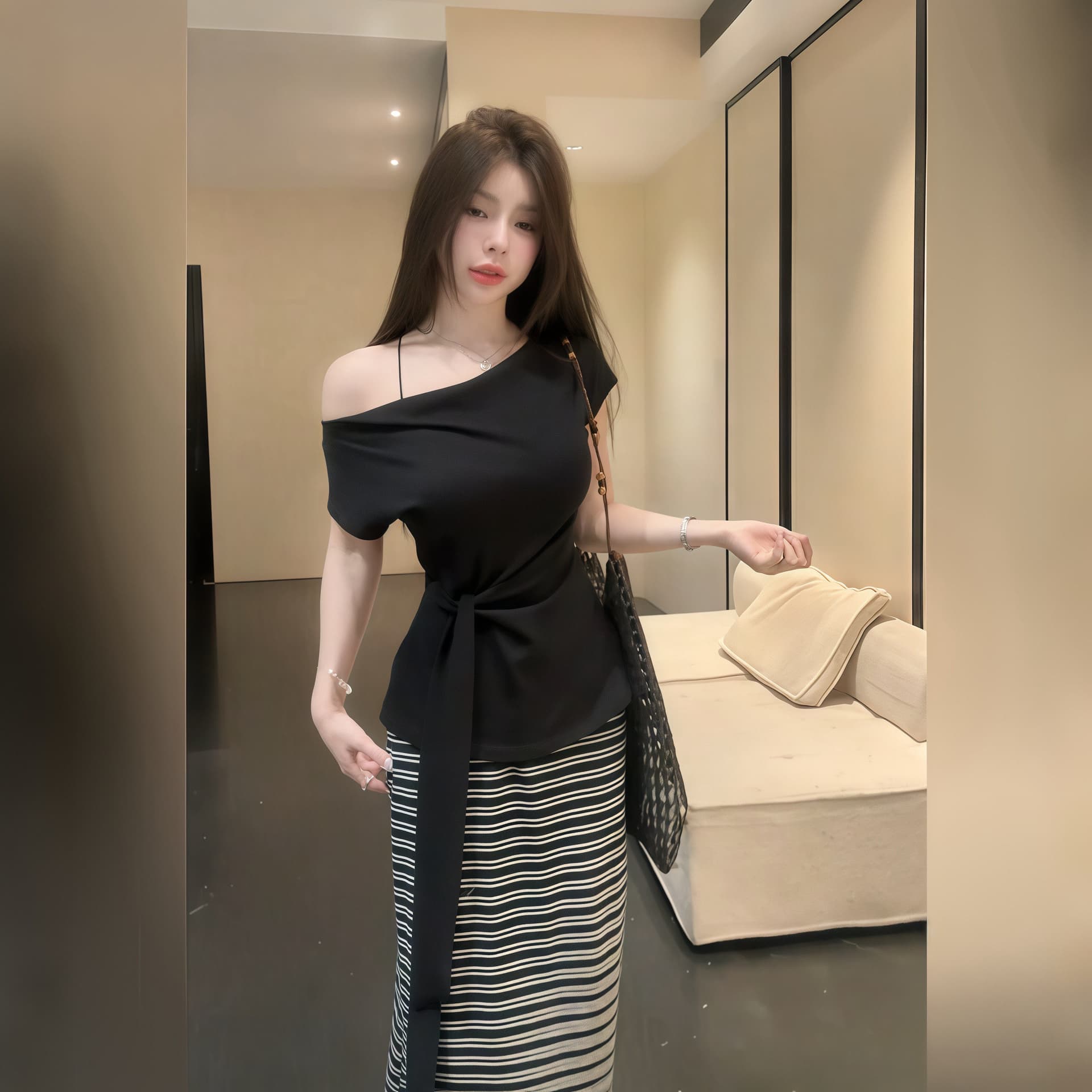 한 부서 패션 다용도 몸매 가꾸기 허리 수축 스트랩 오프숄더 맨위 여성 하이웨이스트 슬림해 보이는 품격 스트라이프 반신 치마 세트 상세 이미지 3