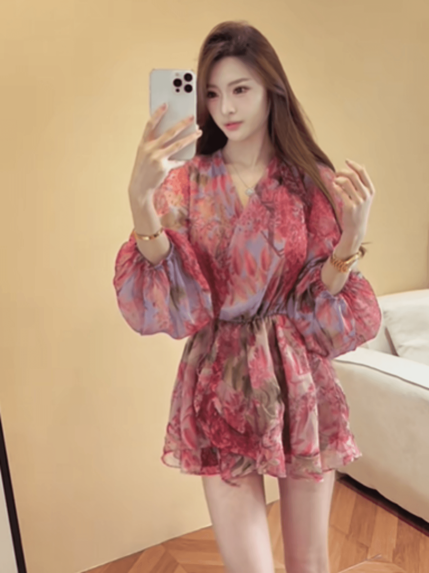 한 스타일 품격 로얄 자매 바람 몸매 가꾸기 슬림해 보이는 섹시함 순수한 욕망 V넥 꽃무늬 벌룬 소매 쉬폰 쇼트 스타일 여성 드레스 상세 이미지 5