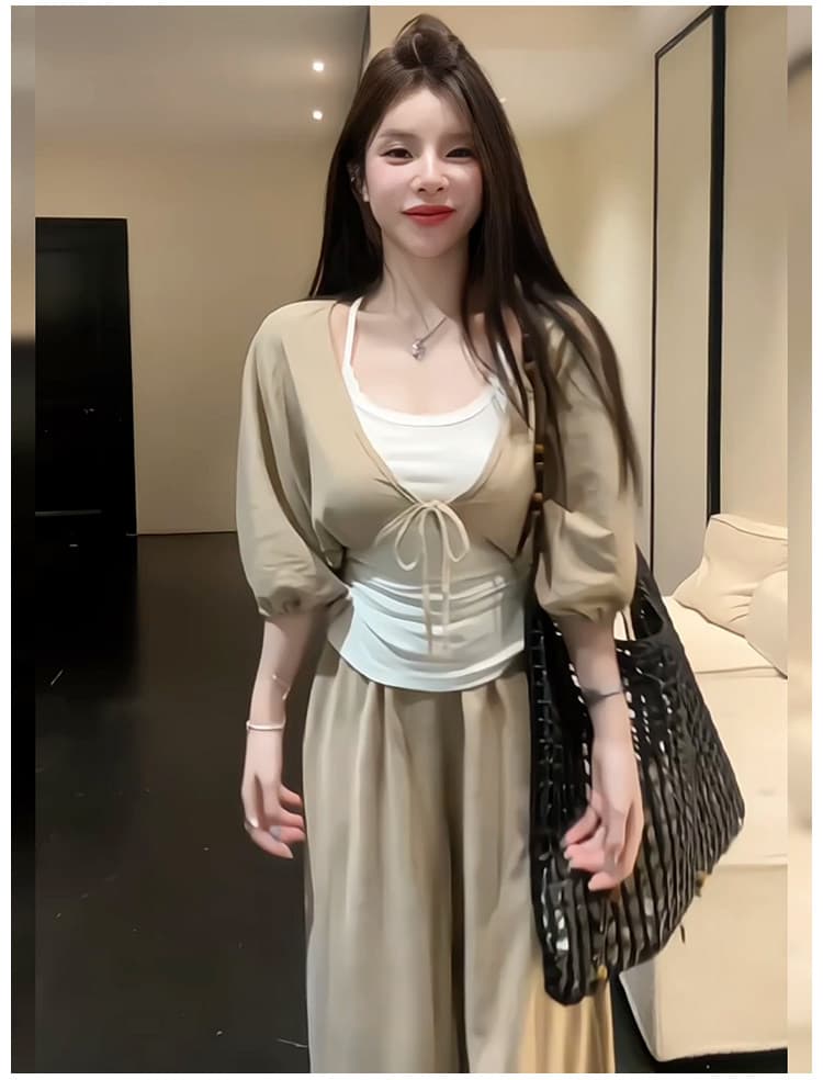 26 년 여름 느긋한 바람 벌룬 소매 행침 목 조끼 쇼트 스타일 맨위 캐주얼 루즈핏 와이드 레그 팬츠 세 조각 여성 세트 이미지 5