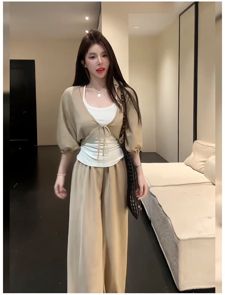 26 년 여름 느긋한 바람 벌룬 소매 행침 목 조끼 쇼트 스타일 맨위 캐주얼 루즈핏 와이드 레그 팬츠 세 조각 여성 세트 상세 이미지 5