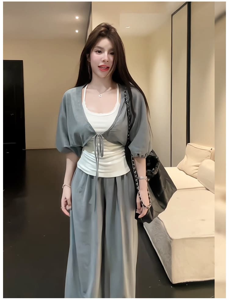 26 년 여름 느긋한 바람 벌룬 소매 행침 목 조끼 쇼트 스타일 맨위 캐주얼 루즈핏 와이드 레그 팬츠 세 조각 여성 세트 상세 이미지 6