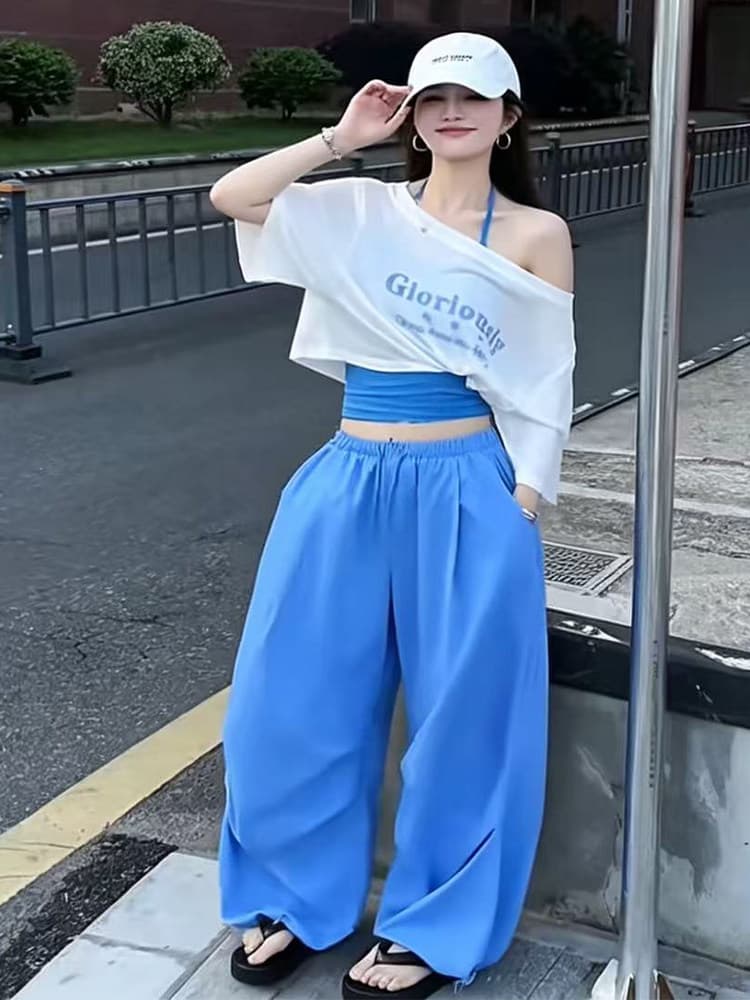 여름 새로운 순수한 욕망 바람 몸매 가꾸기 행침 목 캐미솔 보트넥 티셔츠 캐주얼 워크웨어 팬츠 3종 세트 이미지 4