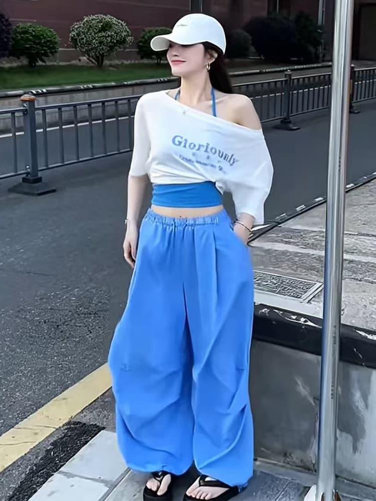 여름 새로운 순수한 욕망 바람 몸매 가꾸기 행침 목 캐미솔 보트넥 티셔츠 캐주얼 워크웨어 팬츠 3종 세트 상세 이미지 1