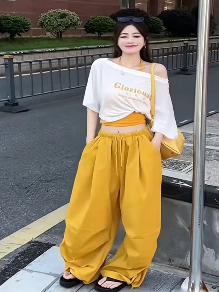 여름 새로운 순수한 욕망 바람 몸매 가꾸기 행침 목 캐미솔 보트넥 티셔츠 캐주얼 워크웨어 팬츠 3종 세트 상세 이미지 2