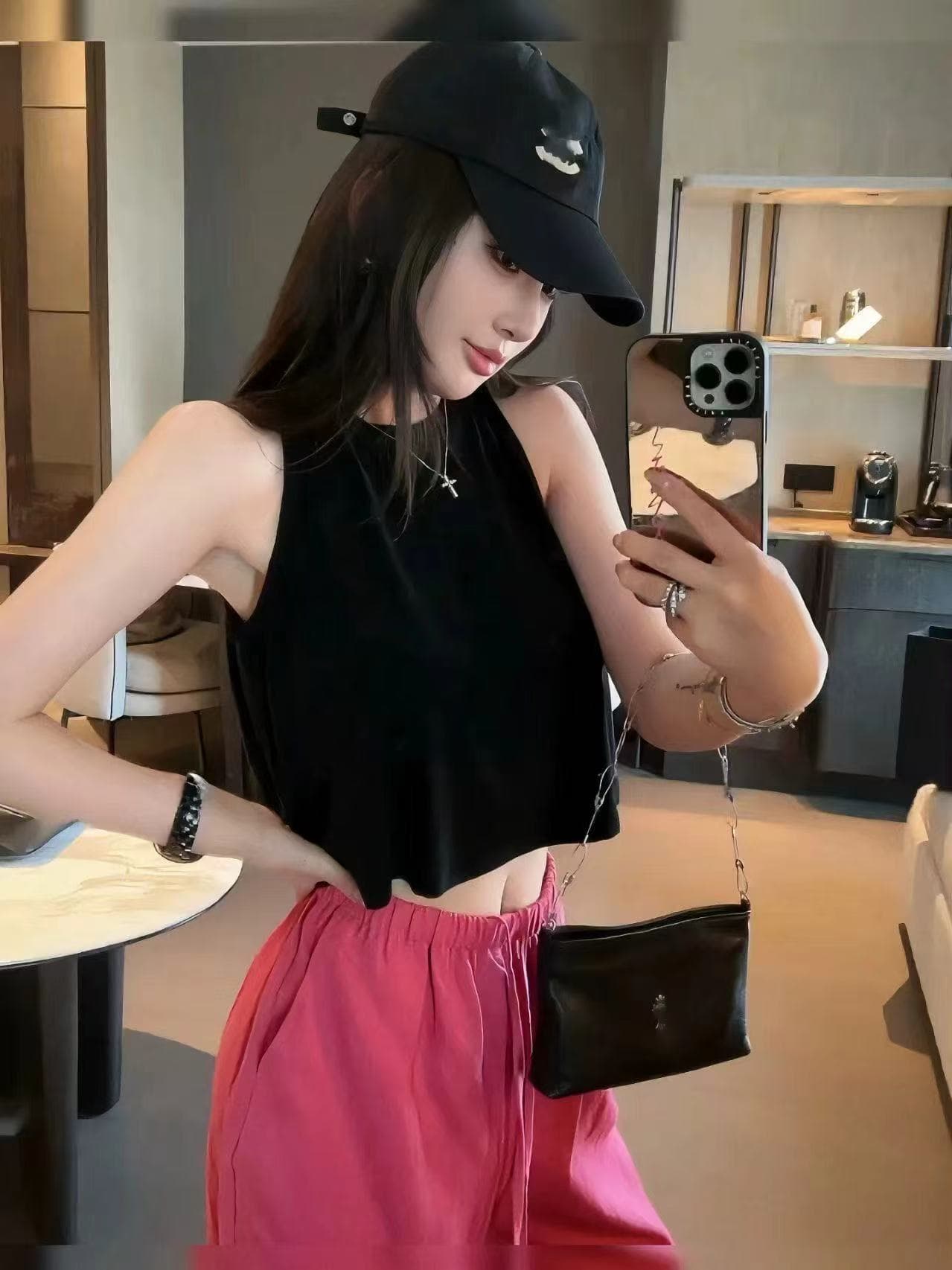 새로운 구름 센스 메이 과일 미니멀리즘 넓은 종류 진자 작은 조끼 허리밴드 아마 펌프 로프 캐주얼 바지 세트 상세 이미지 4