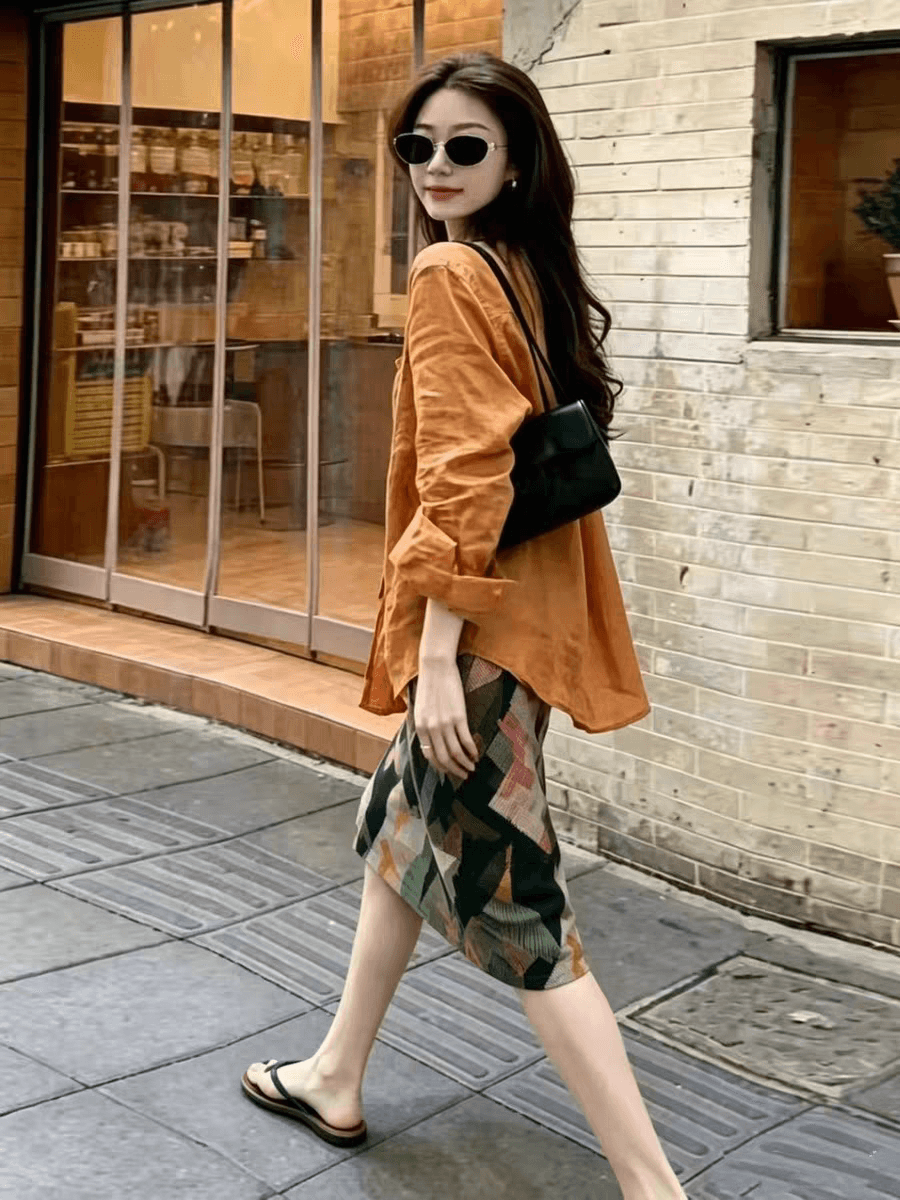 유럽 역 2026 여름 새로운 디자이너 섹션 아마 자외선 차단 셔츠 꽃무늬 반신 스커트 투피스 슈트 여성 상세 이미지 3