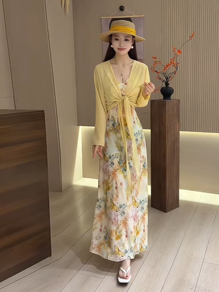 프랑스식 부드러운 바람 꽃무늬 프린트 드레스 두 조각 여성 세트 여름 고급 센스 품격 슬림해 보이는 세트 이미지 3
