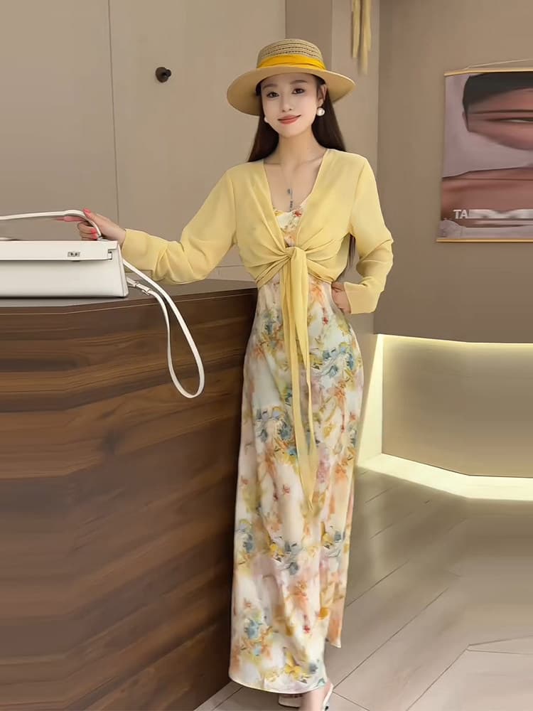 프랑스식 부드러운 바람 꽃무늬 프린트 드레스 두 조각 여성 세트 여름 고급 센스 품격 슬림해 보이는 세트 상세 이미지 5