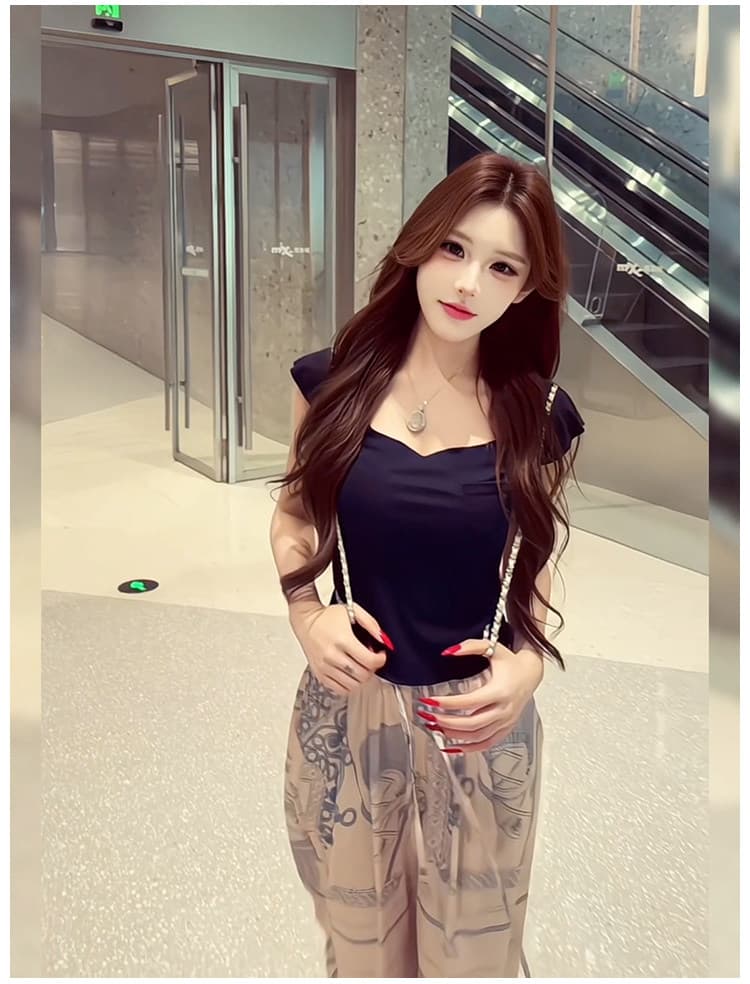 한 인사이드 한 가스 디자인 센스 Feifei 소매 몸매 가꾸기 티셔츠 맨위 프린트 캐주얼 루즈핏 와이드 레그 팬츠 여름 투피스 세트 상세 이미지 1