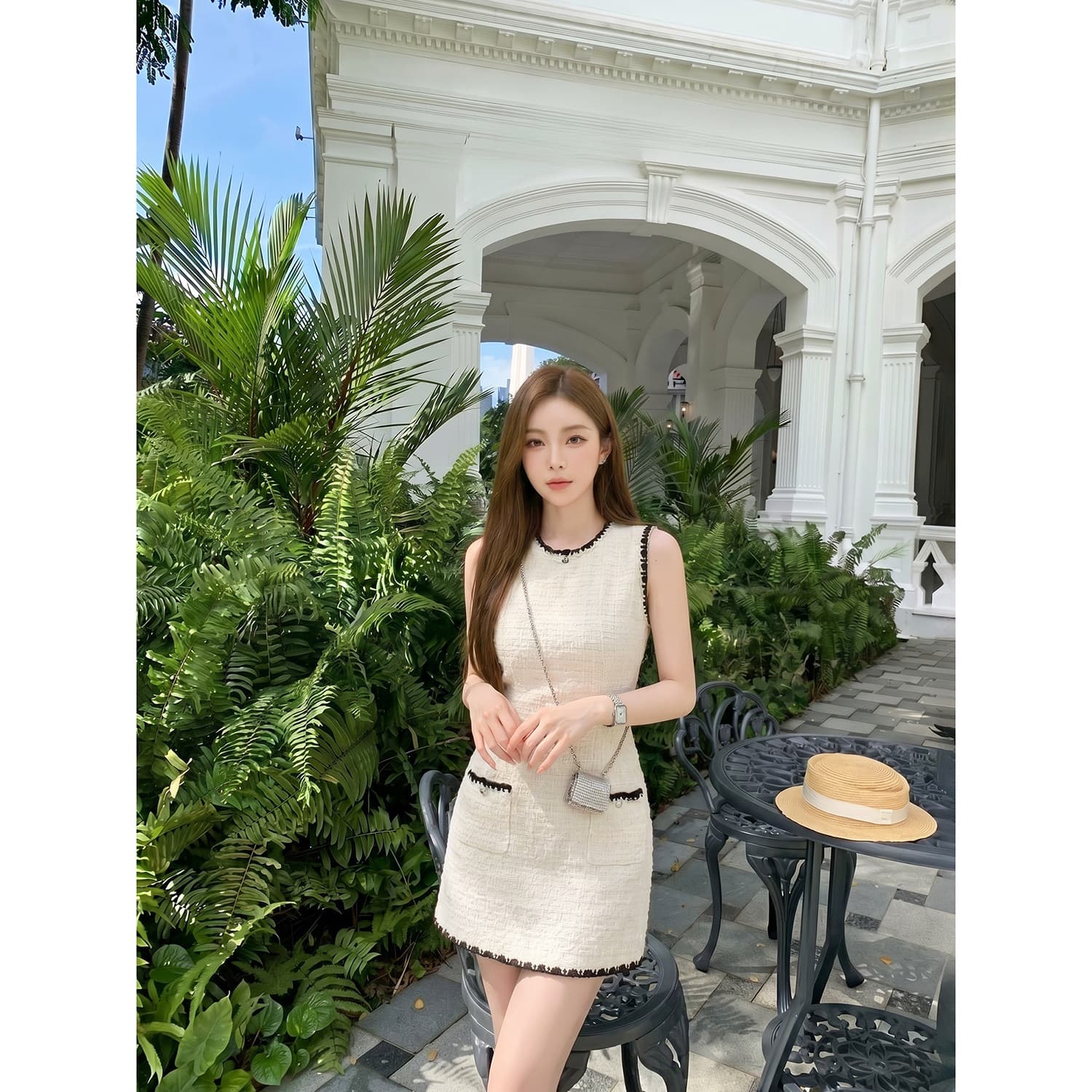 작은 샤넬 스타일 품격 민소매 여성 드레스 여름 새로운 작은 키 순수한 욕망 허리 수축 슬림해 보이는 명문 여성 천 금빛 바람 미니 스커트 상세 이미지 5