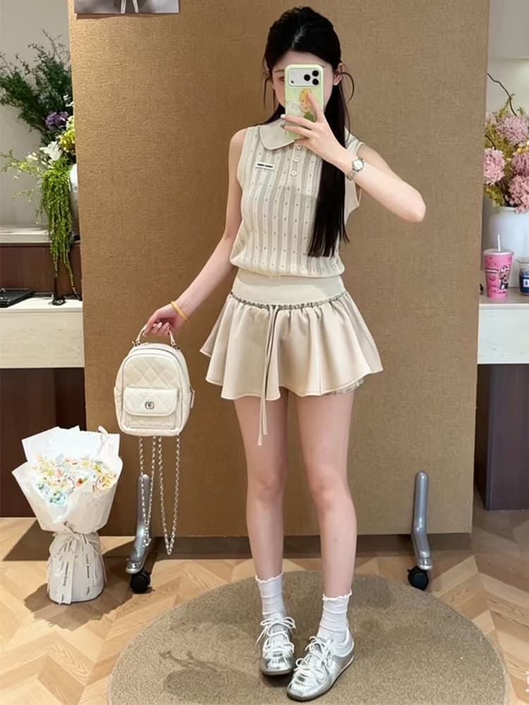 여름 몸매 가꾸기 슬림해 보이는 프랑스식 빛 럭셔리 바람 POLO 칼라 홀로우 아웃 니트 조끼 체크무늬 반신 치마 세트 이미지 5