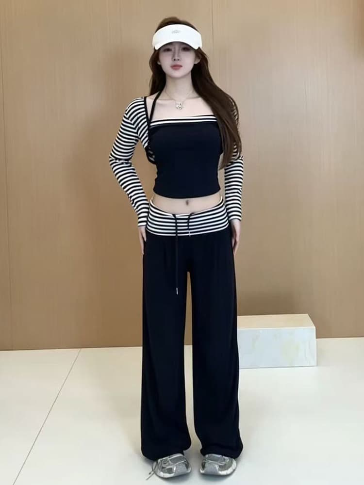 26 여름 새로운 한국 스타일 순수한 욕망 행침 목 캐미솔 쇼트 스타일 스트라이프 자외선 차단 오픈 가디건 와이드 레그 팬츠 3종 세트 이미지 3