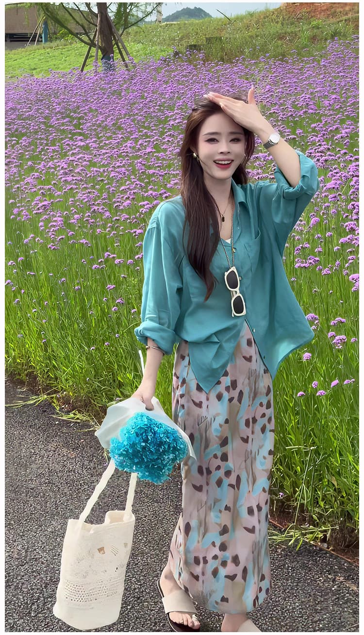 도파민 바람 휴가 세트 여성 여름 느슨함 센스 착용 가져 가라. 자외선 차단 셔츠 헤일로 염색 스트레이트 반신 스커트 투피스 세트 상세 이미지 1