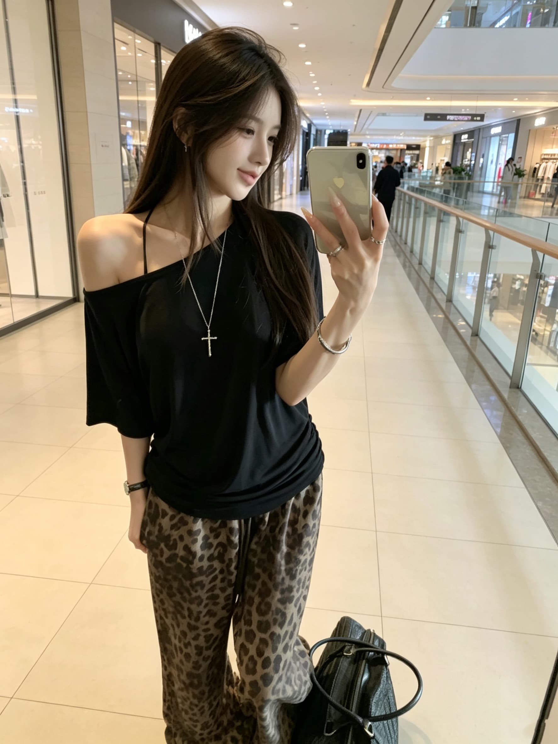 오프숄더 스태킹 둘 착용 느긋한 센스 라운드 넥 t 소매 여성 슬림해 보이는 레오파드 무늬 캐주얼 바지 세트
