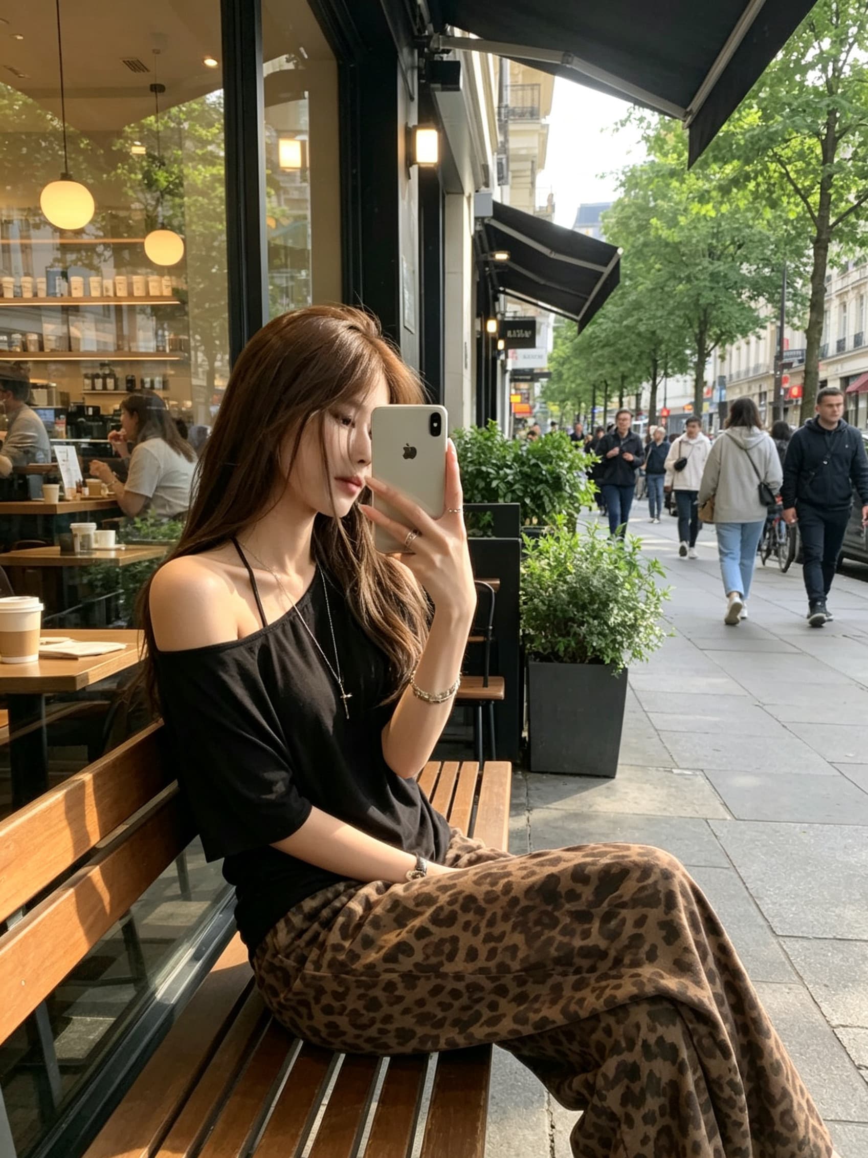오프숄더 스태킹 둘 착용 느긋한 센스 라운드 넥 t 소매 여성 슬림해 보이는 레오파드 무늬 캐주얼 바지 세트 상세 이미지 3