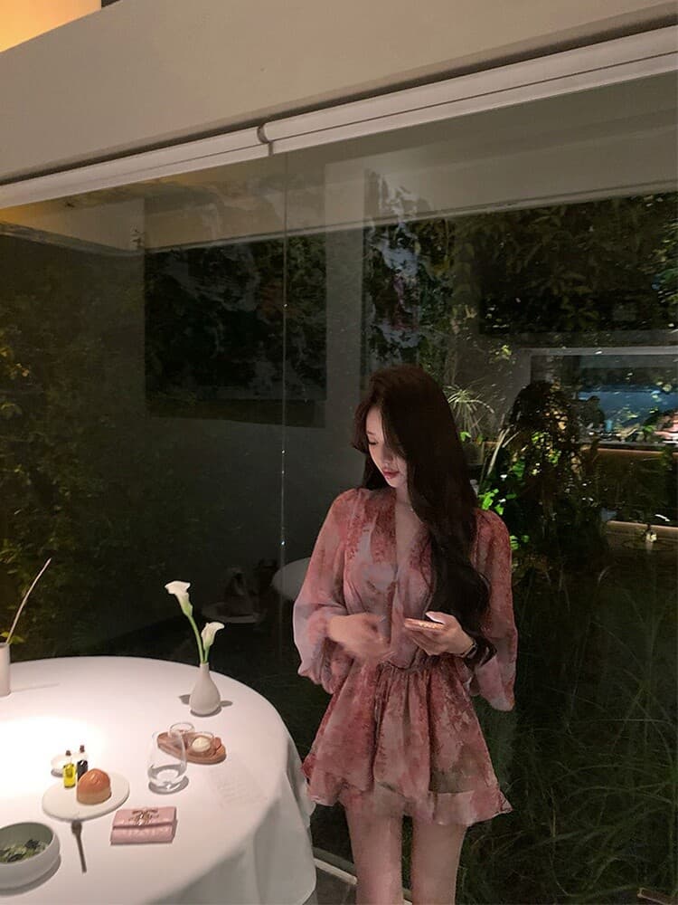 꽃 리플 치마 프랑스식 부드러운 바람 V넥 꽃무늬 드레스 여성 긴 소매 허리 수축 레이스업 슬림해 보이는 품격 치마 쉬폰 스커트 상세 이미지 9