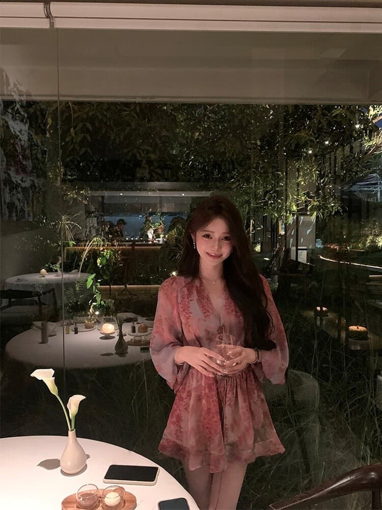 꽃 리플 치마 프랑스식 부드러운 바람 V넥 꽃무늬 드레스 여성 긴 소매 허리 수축 레이스업 슬림해 보이는 품격 치마 쉬폰 스커트 상세 이미지 11