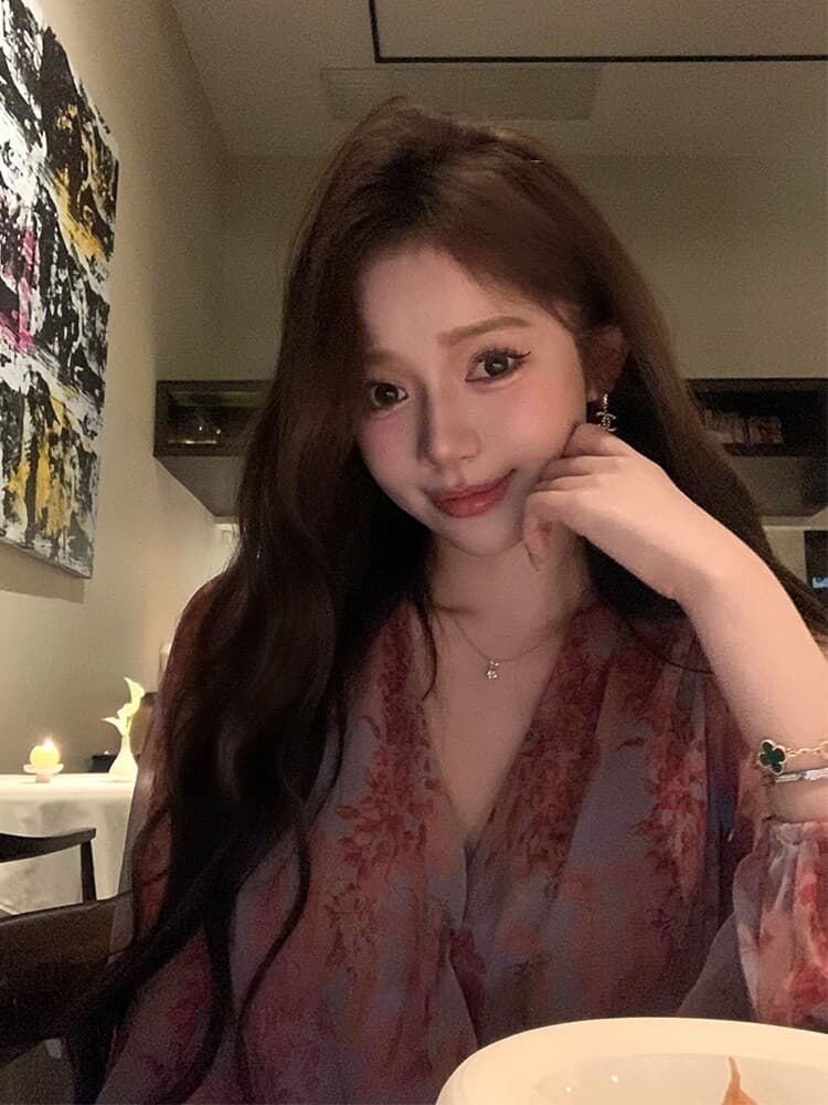 꽃 리플 치마 프랑스식 부드러운 바람 V넥 꽃무늬 드레스 여성 긴 소매 허리 수축 레이스업 슬림해 보이는 품격 치마 쉬폰 스커트 상세 이미지 15