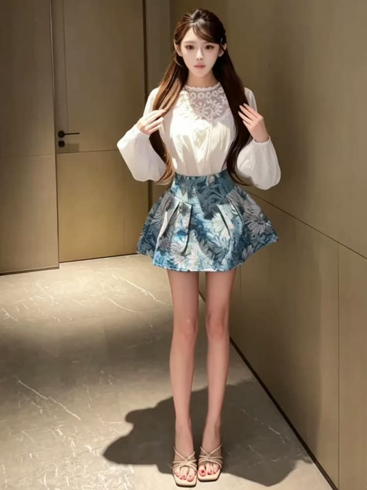 그레이트 보지 마 명중 섹션 패션 세트 드레스 여성 품격 작은 샤넬 스타일 홀로우 아웃 레이스 셔츠 하이웨이스트 한 마디 치마 세트 상세 이미지 2