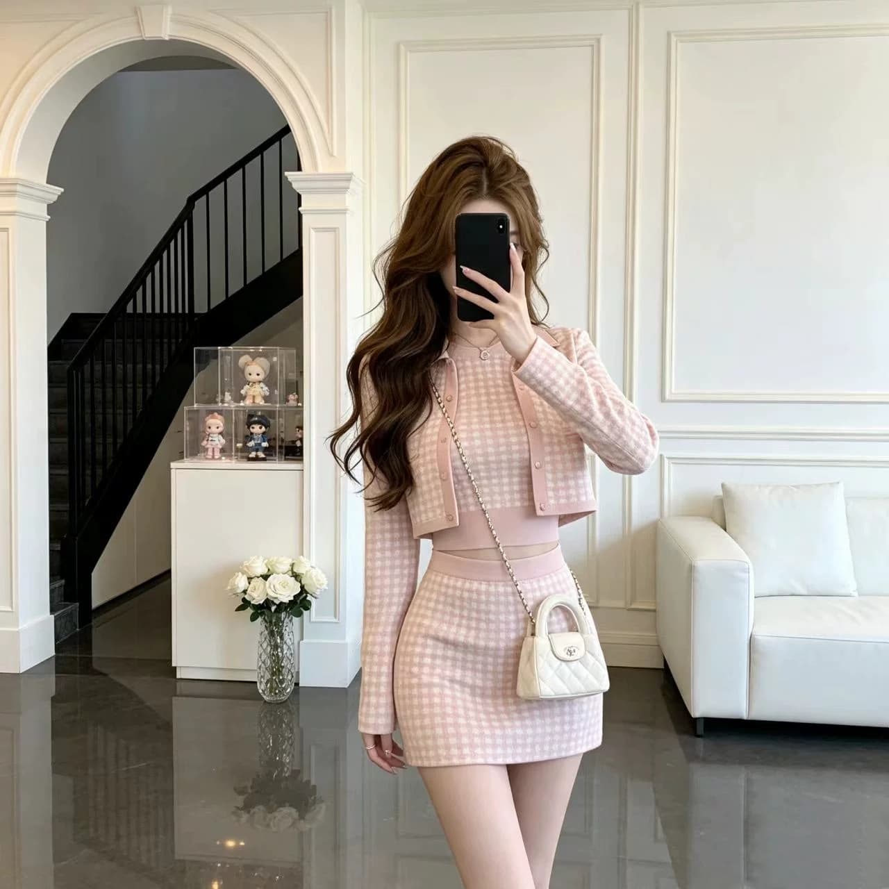 작은 샤넬 스타일 배색 니트 오픈 가디건 세트 여성 가을 천 금빛 바람 품격 다용도 패션 세트 이미지 2