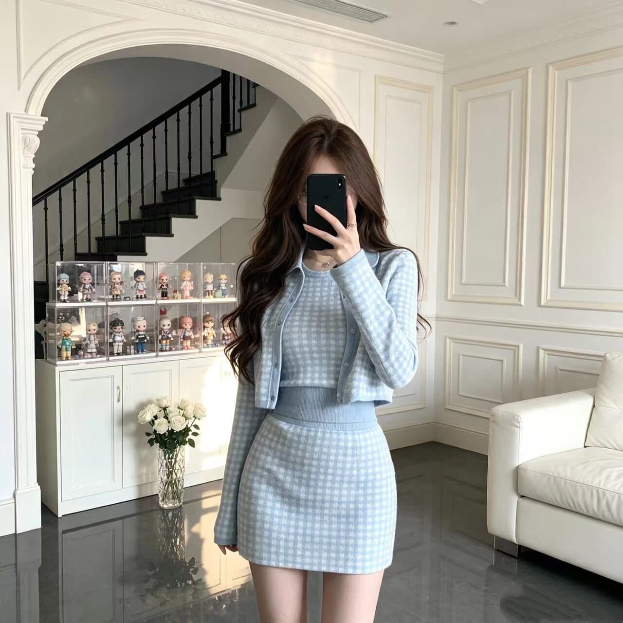 작은 샤넬 스타일 배색 니트 오픈 가디건 세트 여성 가을 천 금빛 바람 품격 다용도 패션 세트 상세 이미지 1