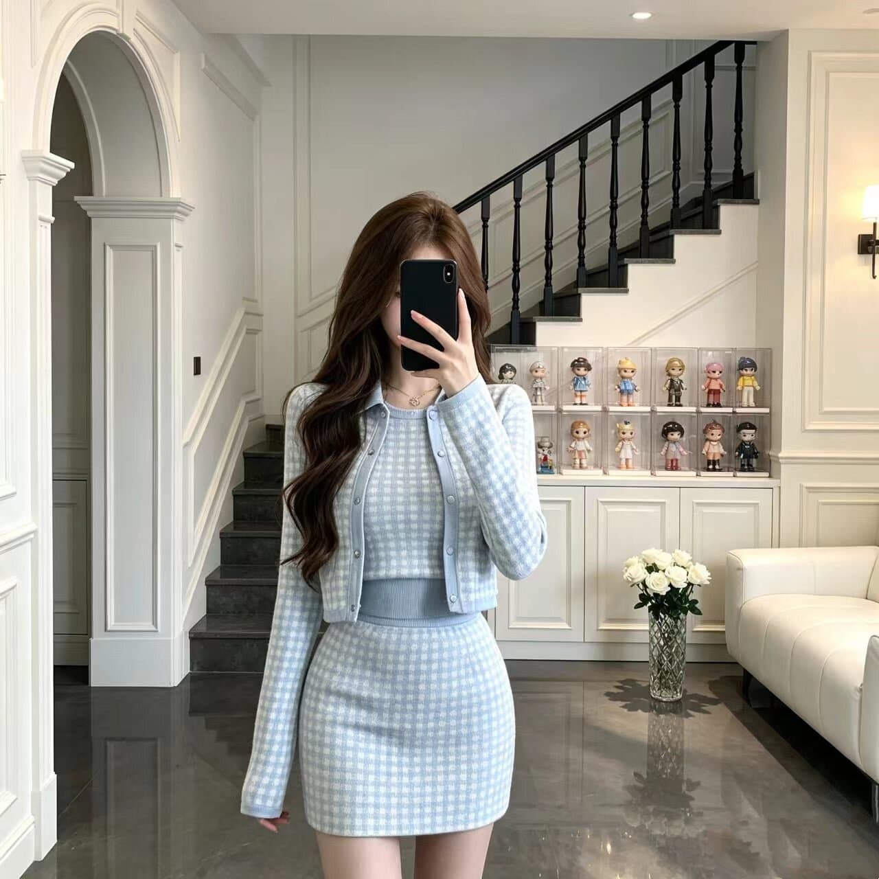 작은 샤넬 스타일 배색 니트 오픈 가디건 세트 여성 가을 천 금빛 바람 품격 다용도 패션 세트 상세 이미지 4