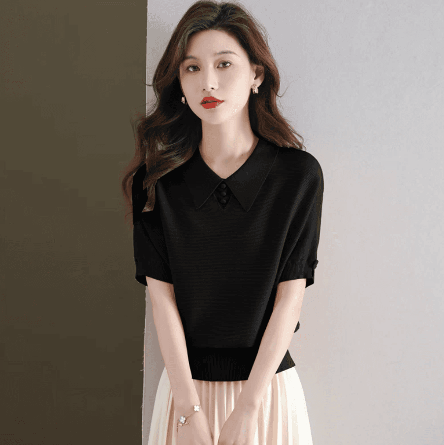 얼음 실크 POLO 칼라 반팔 티셔츠 여성 2026 여름 새로운 프랑스식 루즈핏 박쥐 베이비 칼라 니트 스웨터 맨위 이미지 3