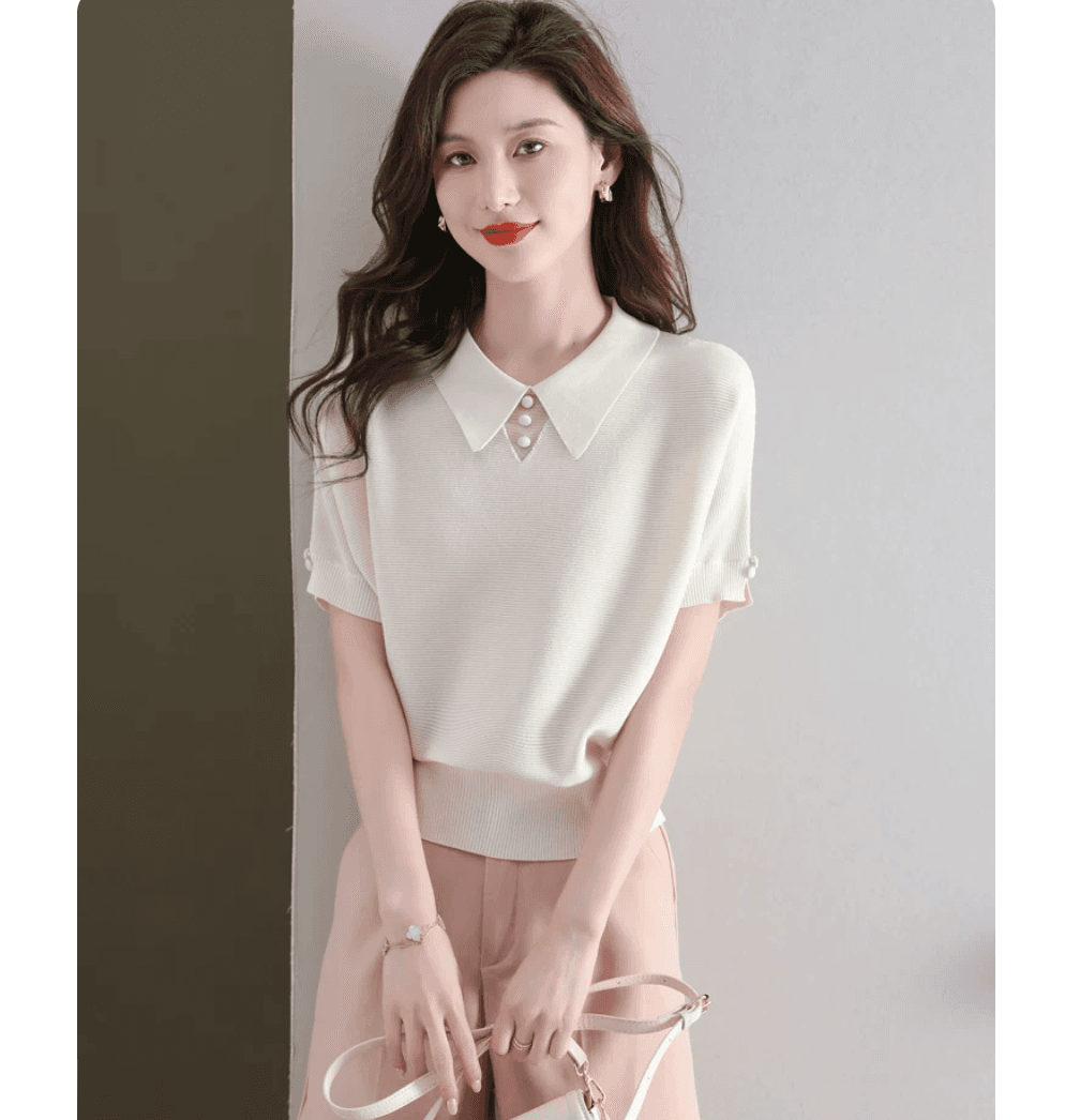 얼음 실크 POLO 칼라 반팔 티셔츠 여성 2026 여름 새로운 프랑스식 루즈핏 박쥐 베이비 칼라 니트 스웨터 맨위 이미지 2