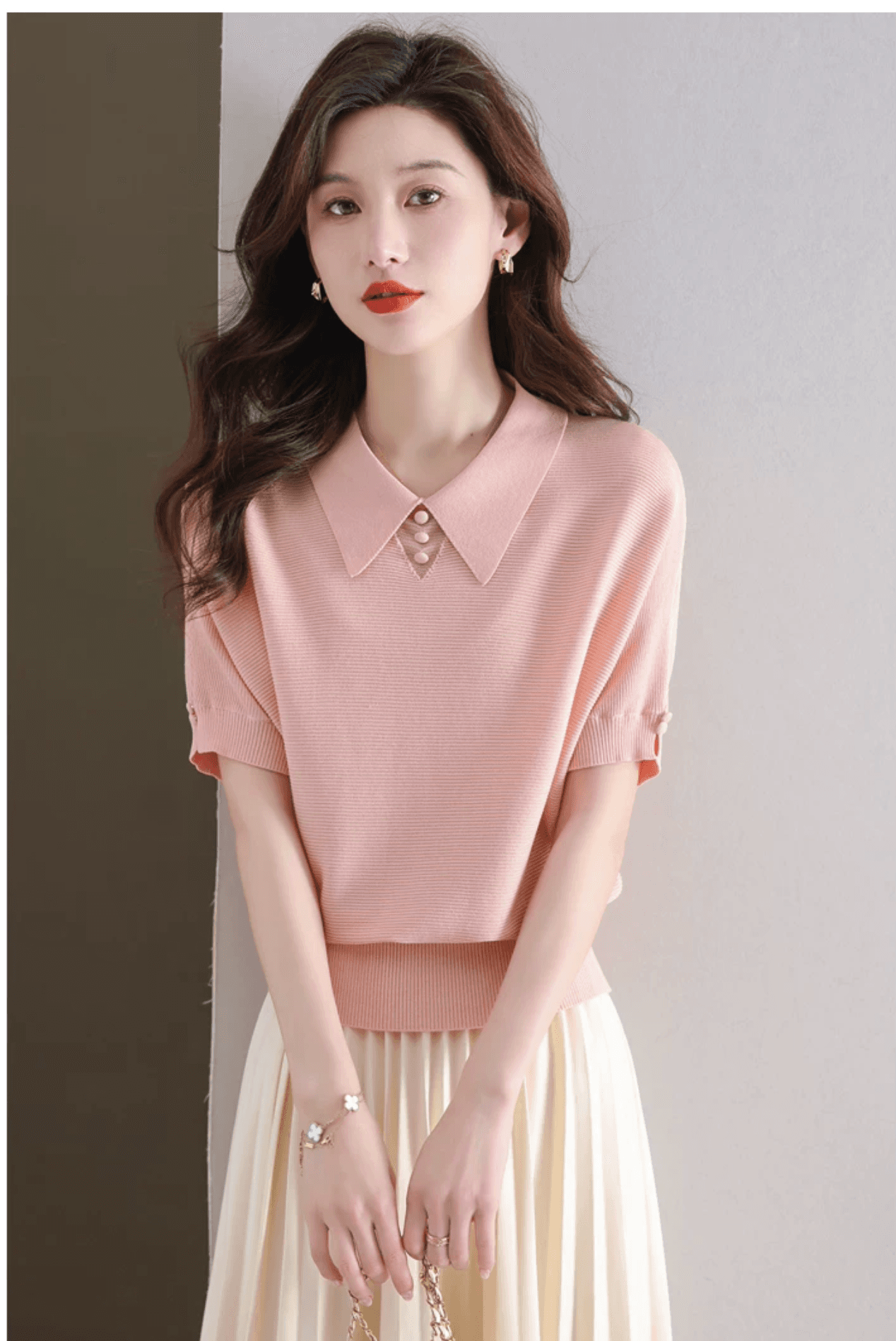 얼음 실크 POLO 칼라 반팔 티셔츠 여성 2026 여름 새로운 프랑스식 루즈핏 박쥐 베이비 칼라 니트 스웨터 맨위 상세 이미지 10