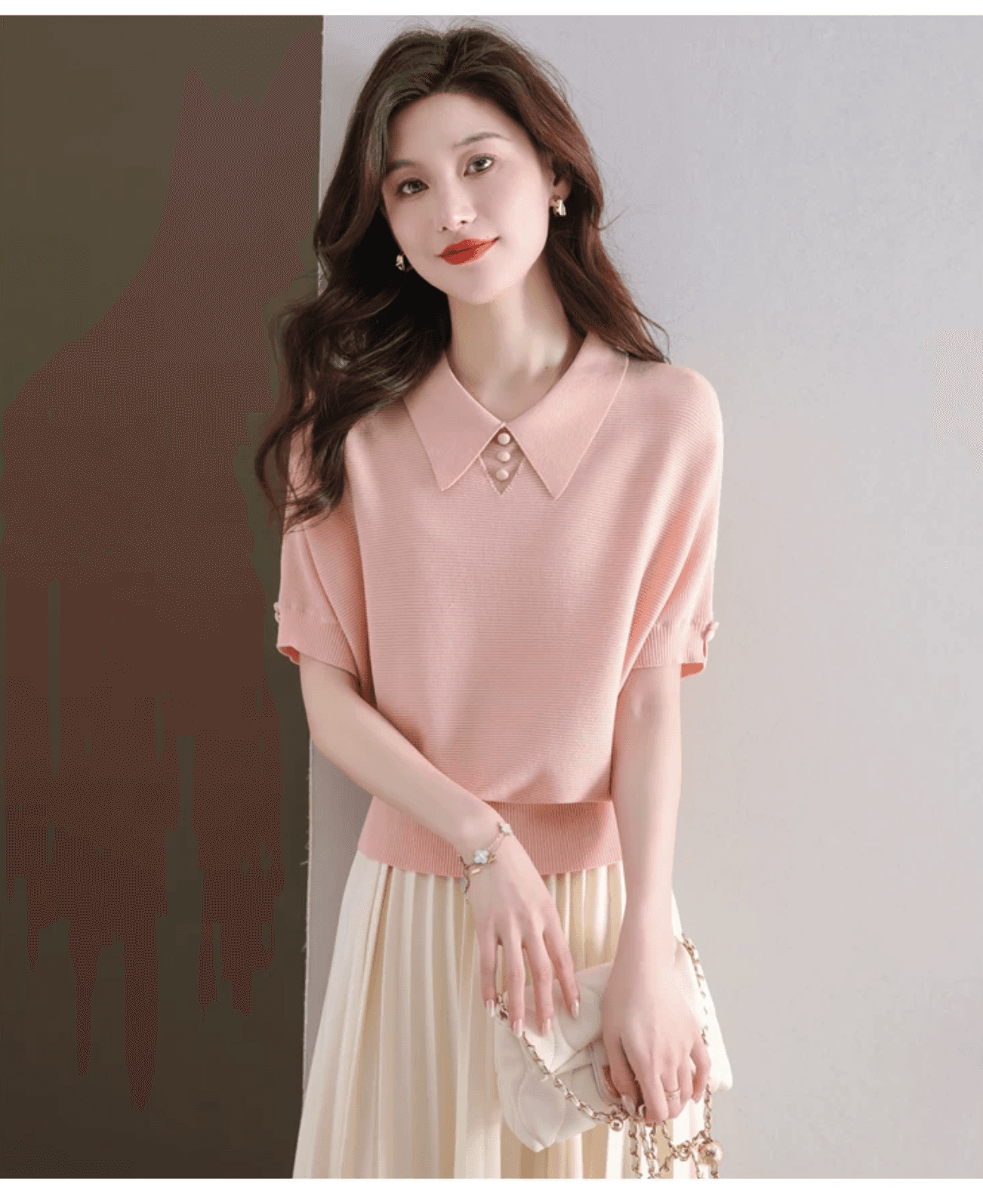 얼음 실크 POLO 칼라 반팔 티셔츠 여성 2026 여름 새로운 프랑스식 루즈핏 박쥐 베이비 칼라 니트 스웨터 맨위 상세 이미지 11