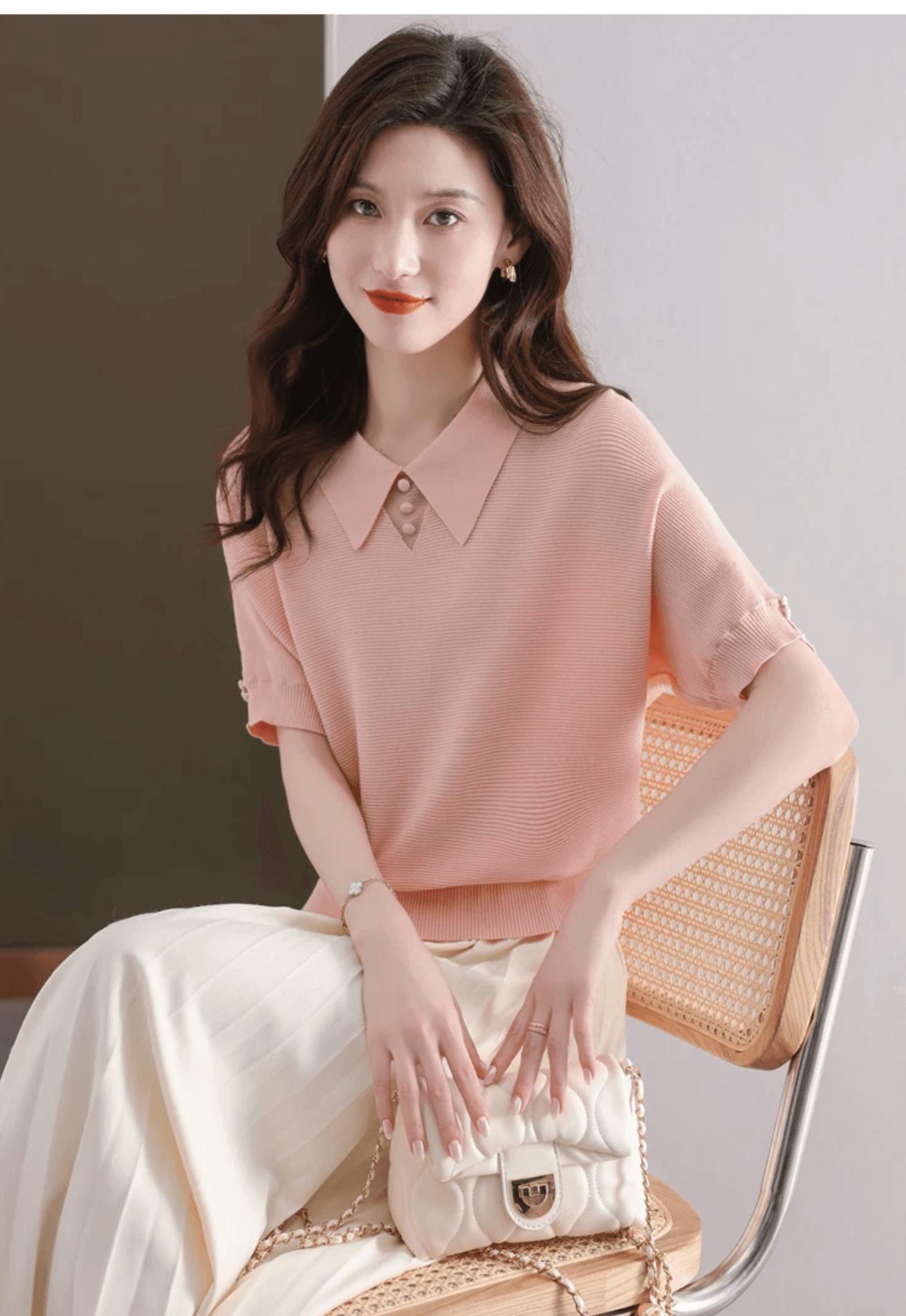 얼음 실크 POLO 칼라 반팔 티셔츠 여성 2026 여름 새로운 프랑스식 루즈핏 박쥐 베이비 칼라 니트 스웨터 맨위 상세 이미지 16