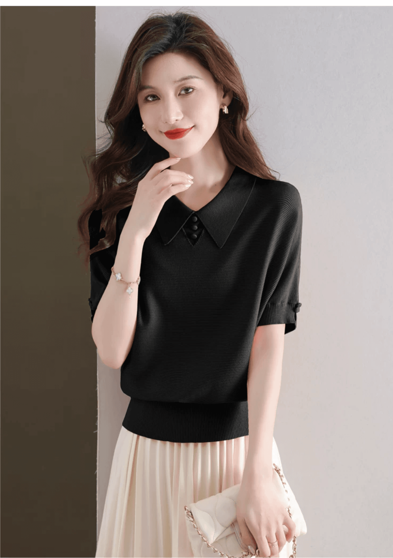 얼음 실크 POLO 칼라 반팔 티셔츠 여성 2026 여름 새로운 프랑스식 루즈핏 박쥐 베이비 칼라 니트 스웨터 맨위 상세 이미지 20