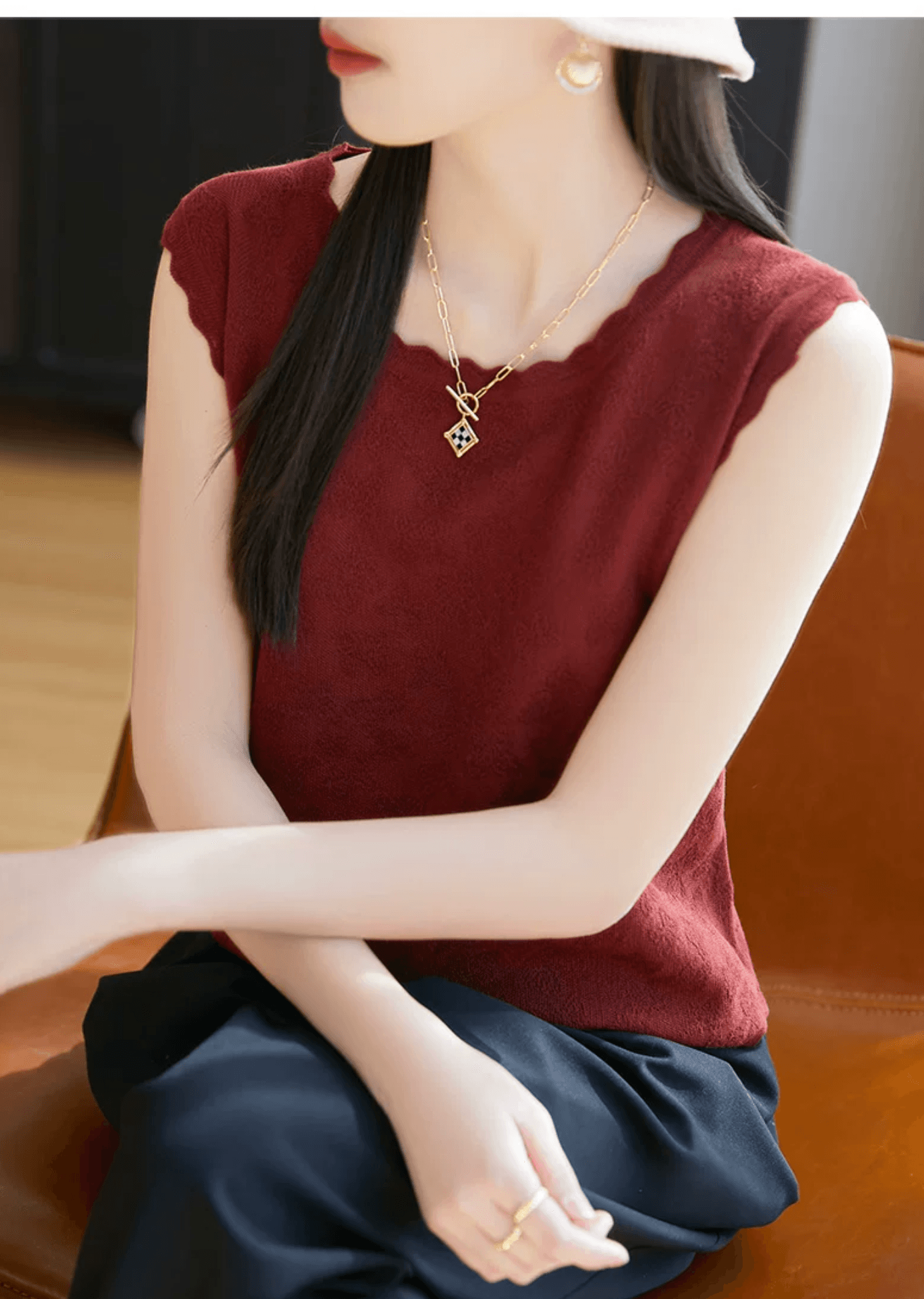 작은 샤넬 스타일 라운드 넥 레이스 외국 가스 천장 조끼 자카드 홀로우 아웃 레이스 민소매 티셔츠 맨위 인사이드 가져 가라. 기본 셔츠 상세 이미지 12