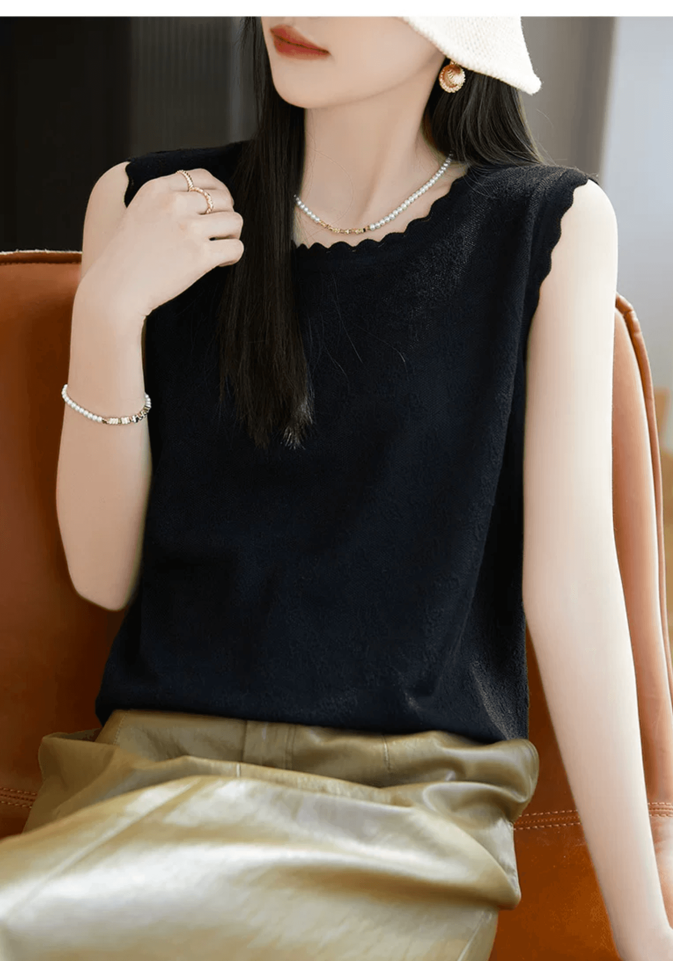 작은 샤넬 스타일 라운드 넥 레이스 외국 가스 천장 조끼 자카드 홀로우 아웃 레이스 민소매 티셔츠 맨위 인사이드 가져 가라. 기본 셔츠 상세 이미지 15