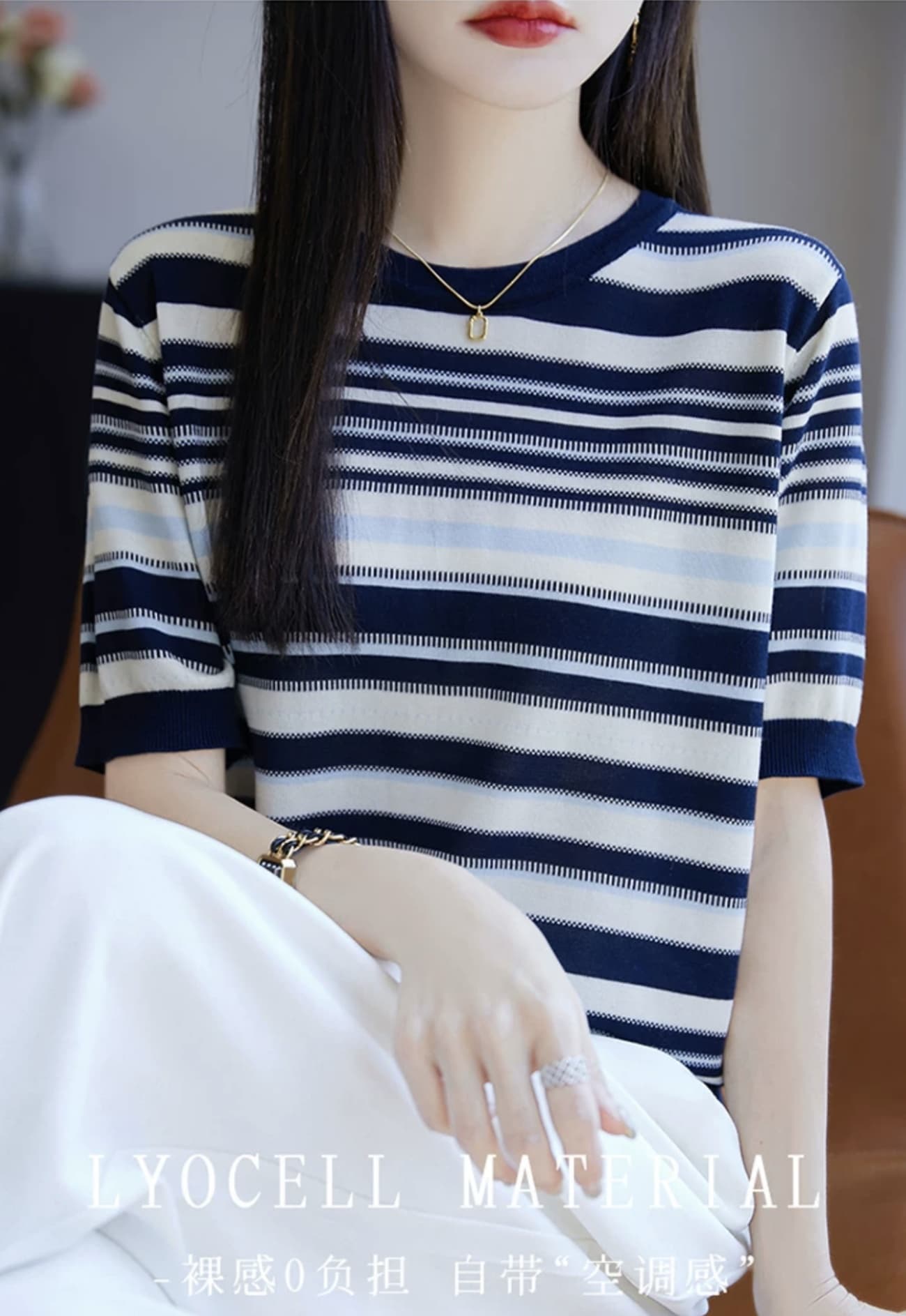 뽕나무 누에 실크 반팔 티셔츠 여성 여름 새로운 배색 스트라이프 얼음 실크 느슨함 센스 루즈핏 캐주얼 맨위 상세 이미지 8