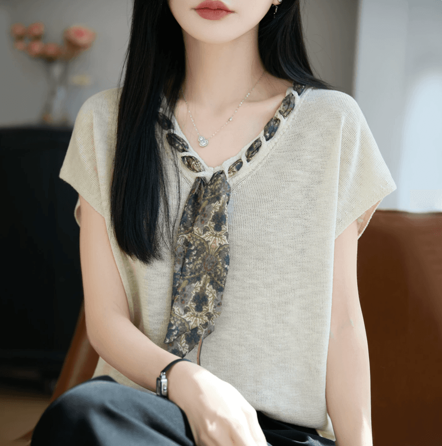 빛 요리 한 바람 스카프 V넥 대나무 마디 마 통기성 티셔츠 여름 세련된 작은 날다 소매 얇고 가벼운 편안함 차가운 센스 니트 스웨터 이미지 3