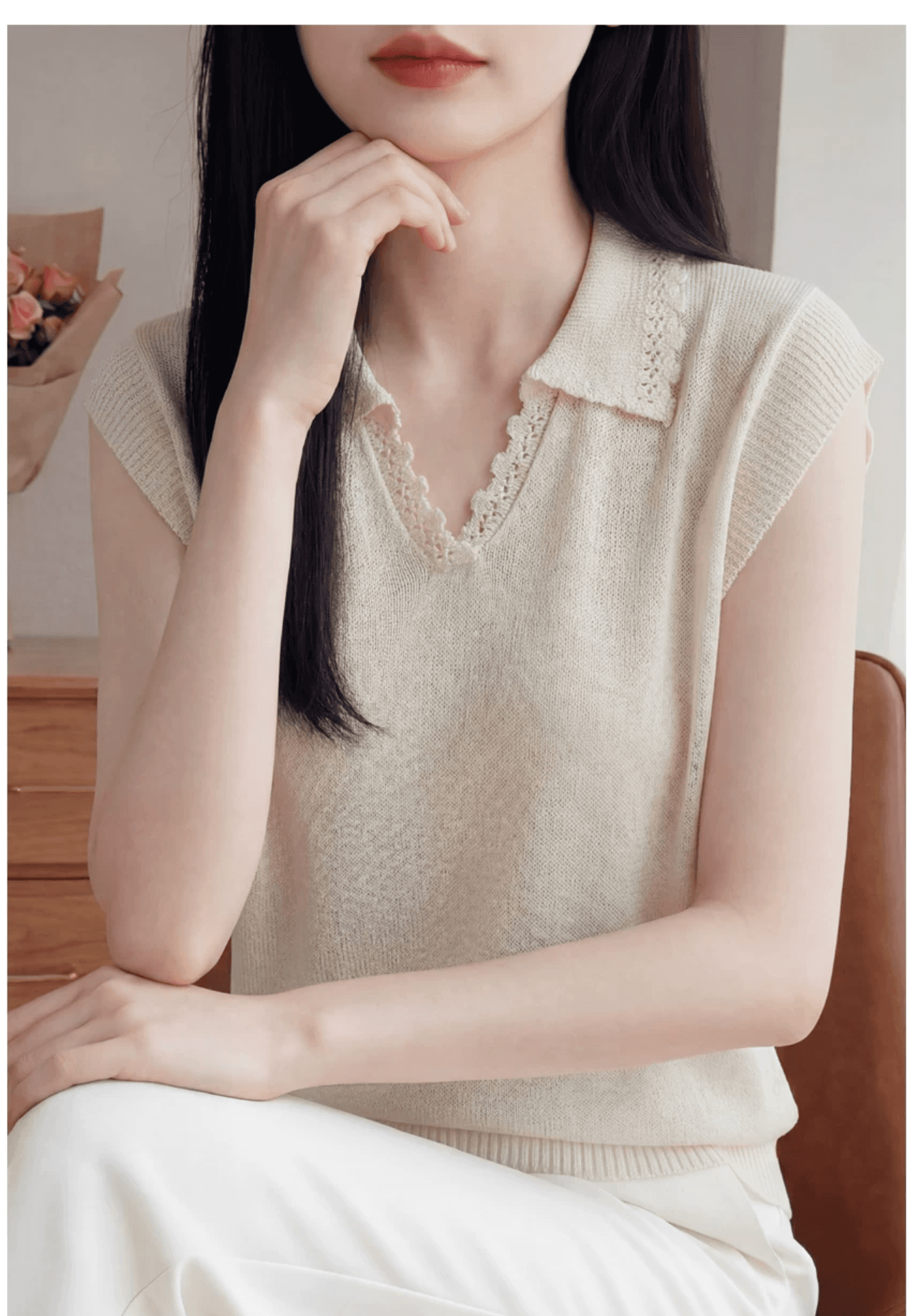 캐주얼 바람 폴로 칼라 얼음 마 니트 작은 날다 소매 티셔츠 여성 여름 얇은 루즈핏 레이스 다용도 반팔 티셔츠 맨위 미니멀리즘 상세 이미지 8