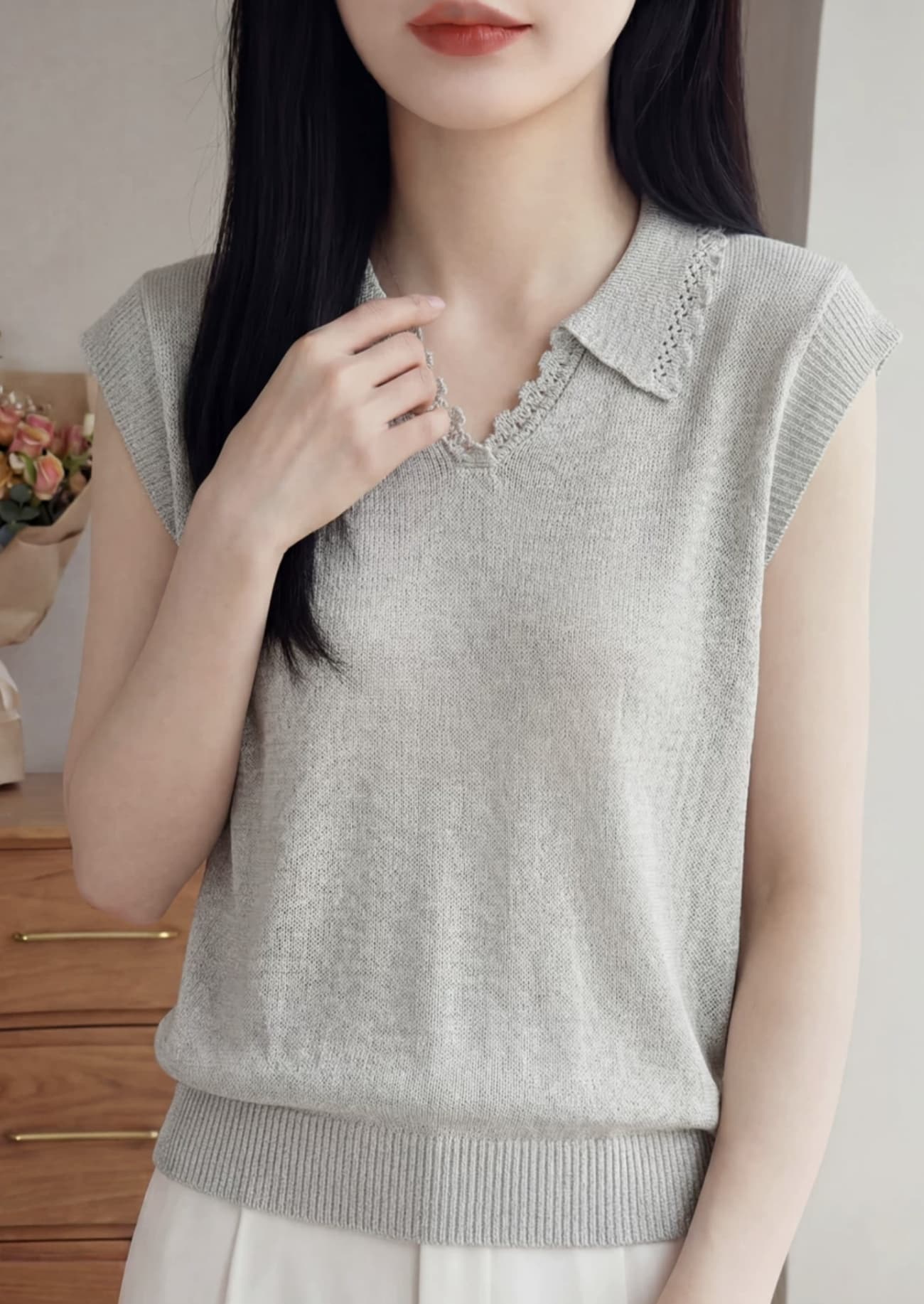 캐주얼 바람 폴로 칼라 얼음 마 니트 작은 날다 소매 티셔츠 여성 여름 얇은 루즈핏 레이스 다용도 반팔 티셔츠 맨위 미니멀리즘 상세 이미지 15