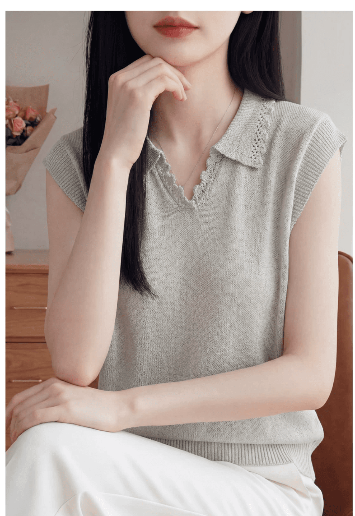 캐주얼 바람 폴로 칼라 얼음 마 니트 작은 날다 소매 티셔츠 여성 여름 얇은 루즈핏 레이스 다용도 반팔 티셔츠 맨위 미니멀리즘 상세 이미지 16