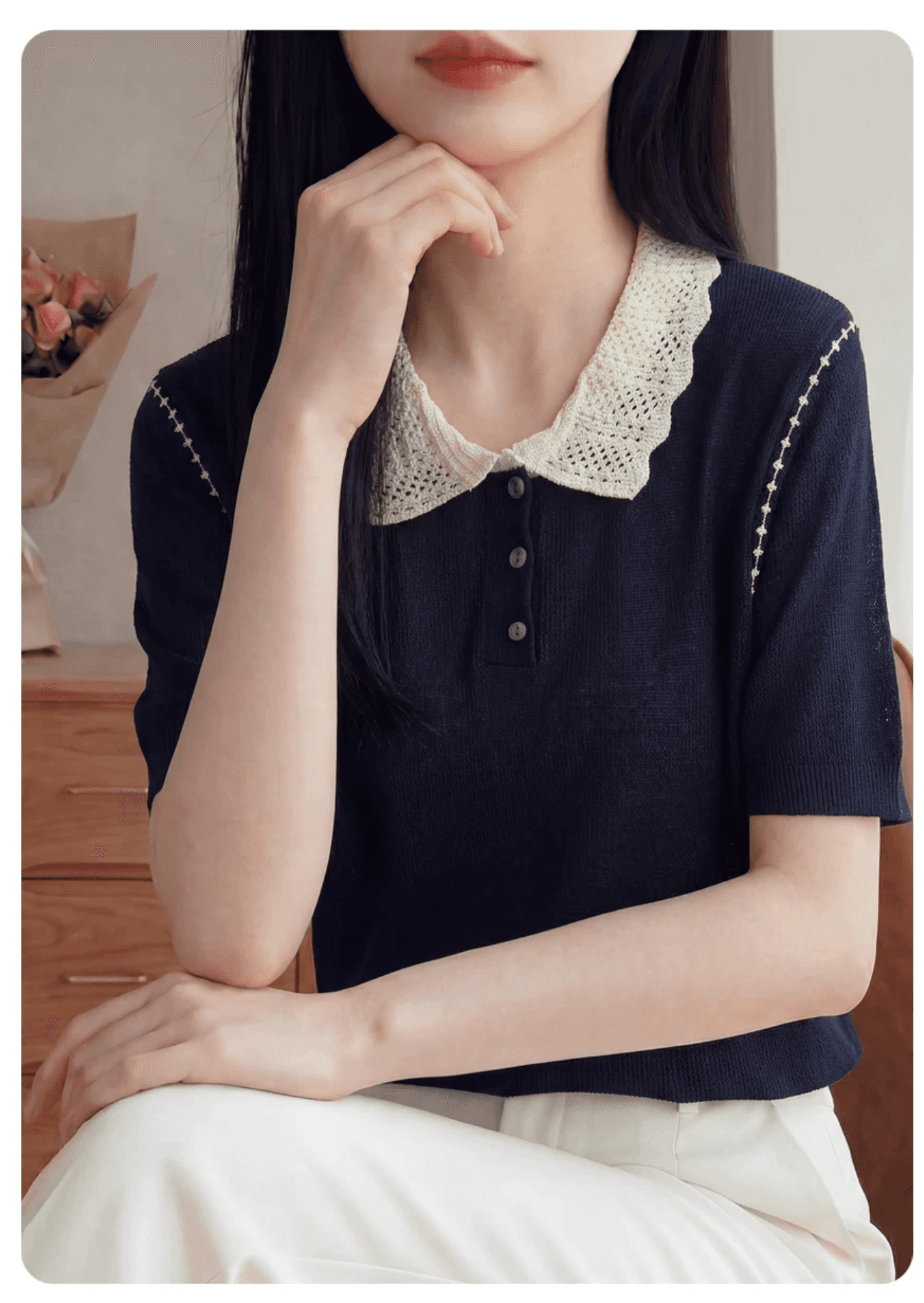 프랑스식 배색 자수 POLO 칼라 니트 반팔 티셔츠 여성 2026 여름 외국 가스 연령 감소 작은 날다 소매 맨위 트렌디 상세 이미지 2
