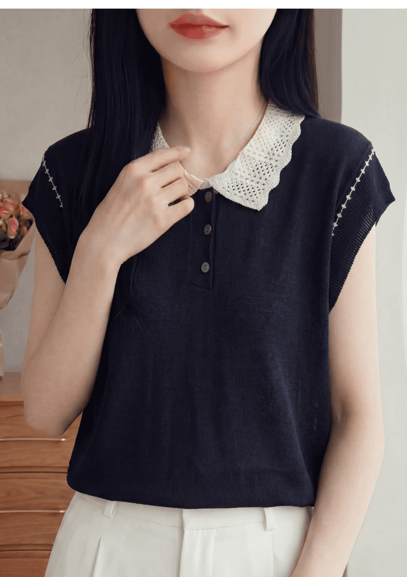 프랑스식 배색 자수 POLO 칼라 니트 반팔 티셔츠 여성 2026 여름 외국 가스 연령 감소 작은 날다 소매 맨위 트렌디 상세 이미지 20