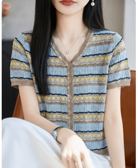 프랑스식 고급 센스 스트라이프 배색 니트 반팔 오픈 가디건 여성 티셔츠 여름 얇은 차가운 센스 통기성 슬림해 보이는 작은 셔츠 맨위 상세 이미지 1