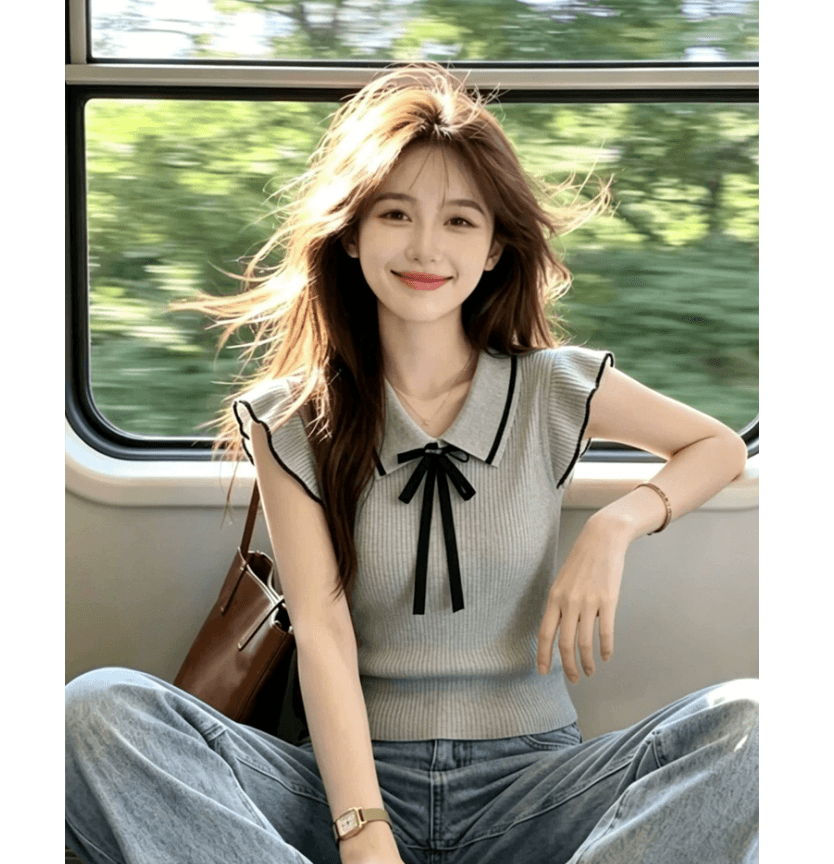 학원 스타일 회색 폴로 칼라 나비 매듭 니트 반팔 티셔츠 여성 여름 고유 한 아름다운 작은 날다 소매 몸매 가꾸기 맨위 이미지 3