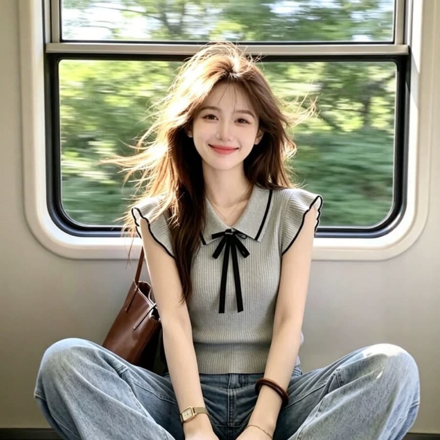 학원 스타일 회색 폴로 칼라 나비 매듭 니트 반팔 티셔츠 여성 여름 고유 한 아름다운 작은 날다 소매 몸매 가꾸기 맨위 이미지 5