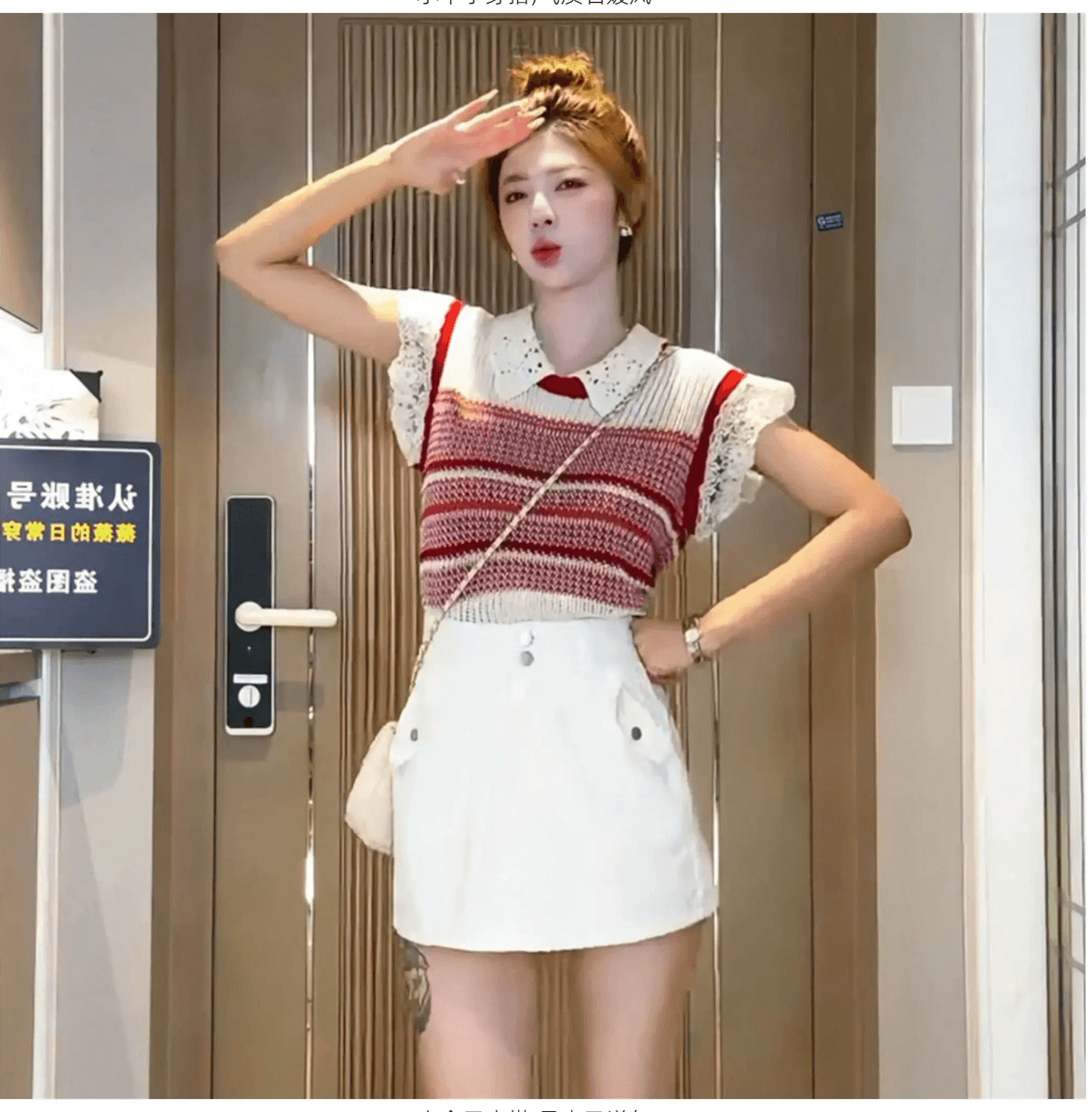 레트로 배색 스트라이프 폴로 칼라 니트 스웨터 여성 2026 여름 새로운 레이스 조각 작은 날다 소매 슬림해 보이는 짧은 맨위 상세 이미지 2